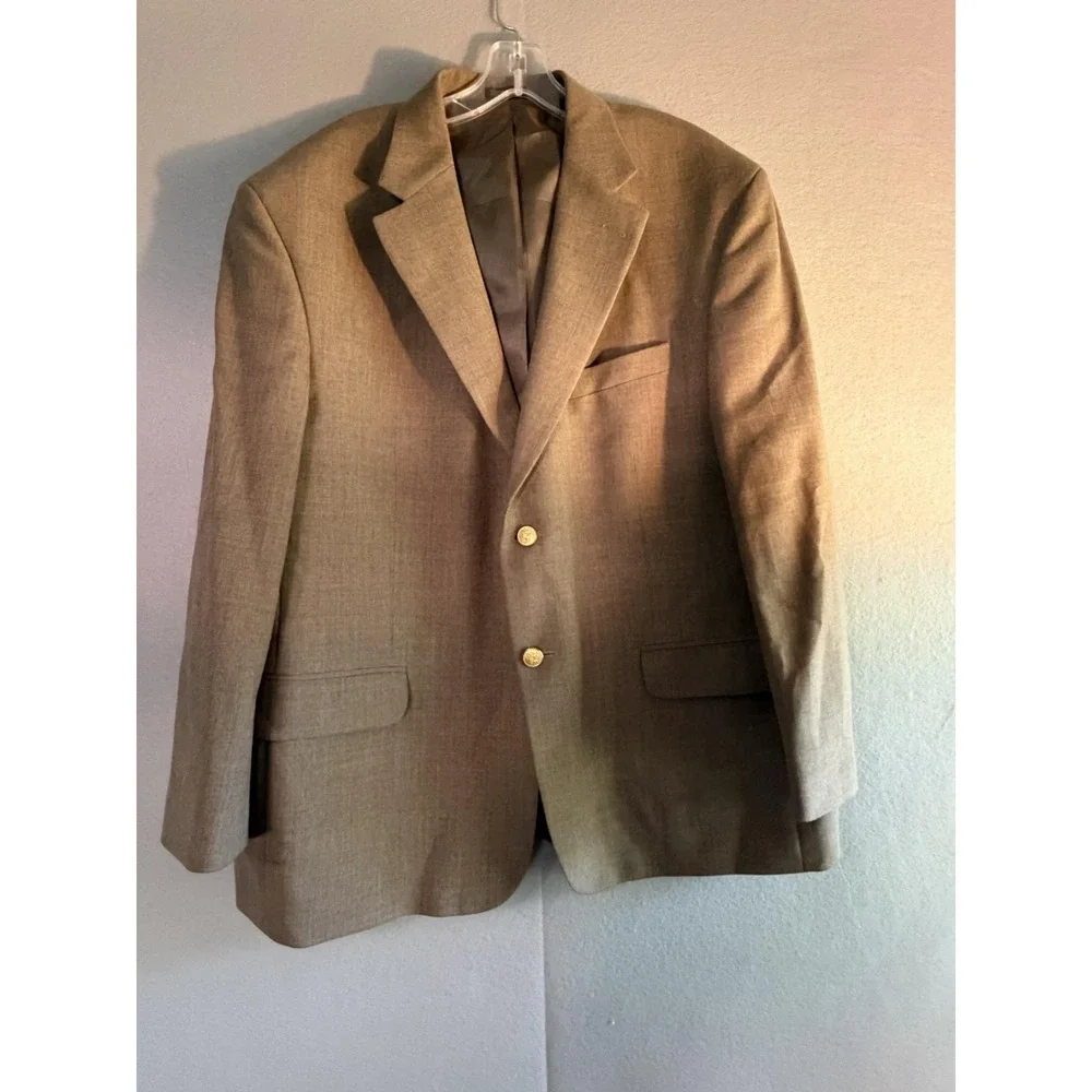 Stafford Blazer Sport Coat Mens 46S Beige Poly Wool Classic Gold Button Jacket